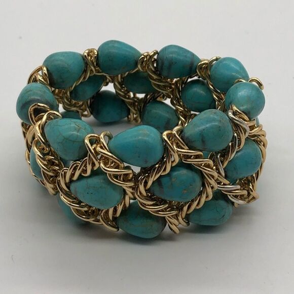 Turquoise & Gold Tone links Stretch Bracelet - Picture 2 of 3